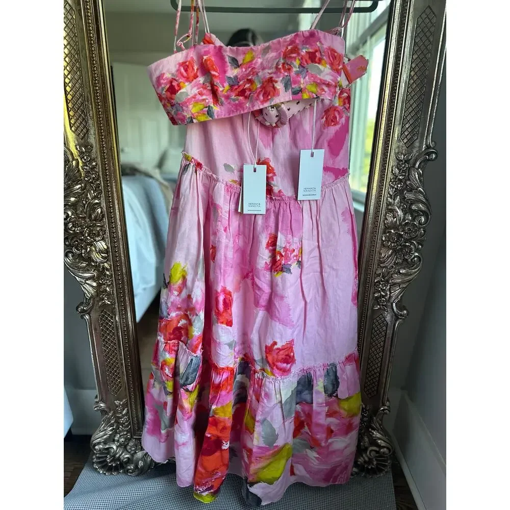 Hemant & Nandita Belted Maxi Skirt Bandeau Top Pink Rosa Floral Small NEW NWT! - Picture 6 of 10